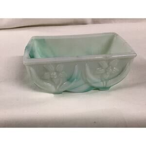 Vintage Akro Agate Marble White Green Slag Glass Planter Floral Trinket Dish